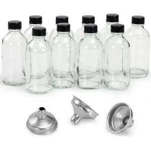 10 Pack 4 oz Small Glass Bottles with Lids and Stainless Steel Funnels, 120ml Reusable Boston Round Sample Bottles for Juice, Ginger Shots, Oils, Whiskey, Wellness & Potion Storage, Leakproof Travel Containers