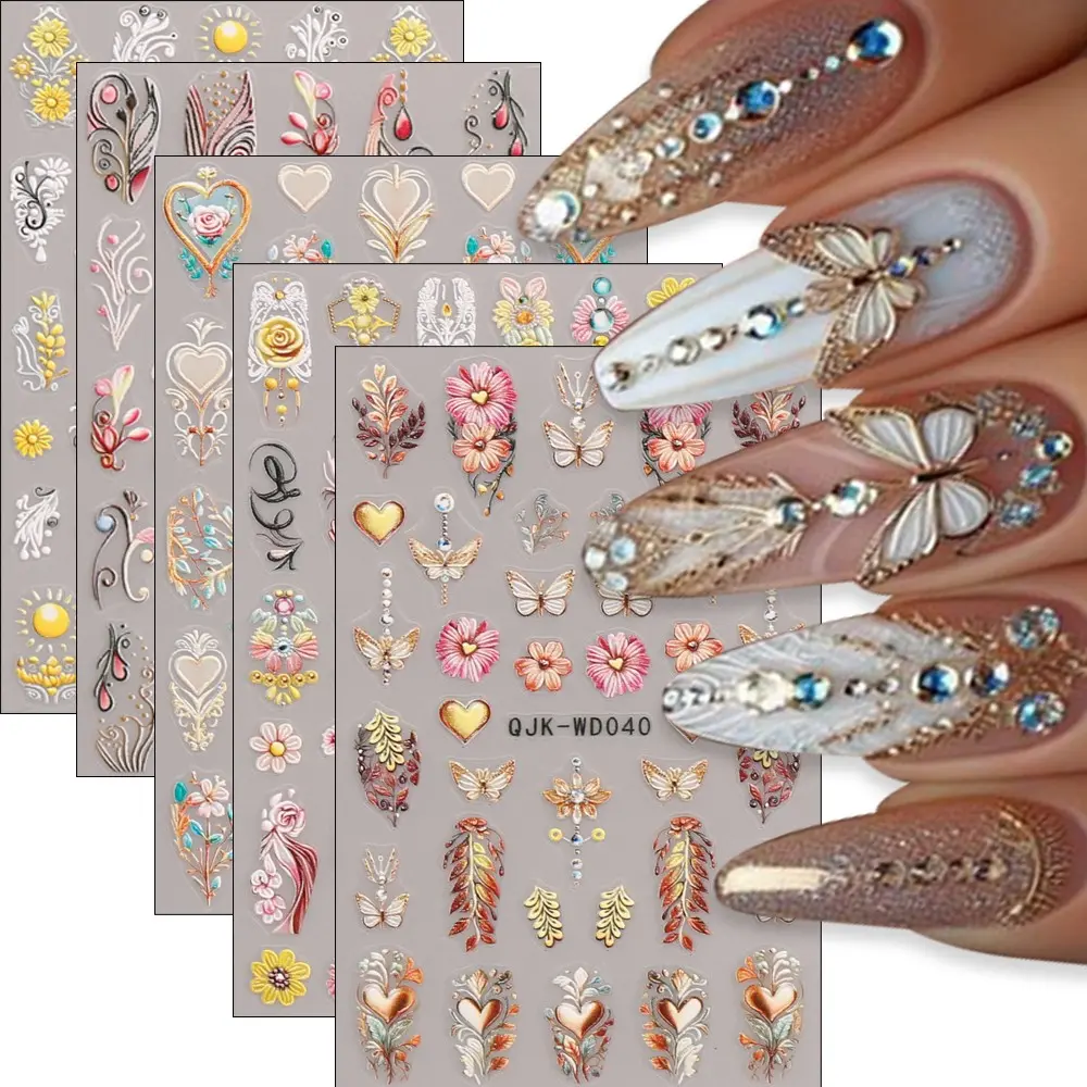 5D Embossed Nail Art Stickers, 3D Hollow Butterfly Rose Daisy Gold Edge Heart Leaf Vine Sunflower, Self-Adhesive Waterproof DIY Wedding Salon Nail Decorations