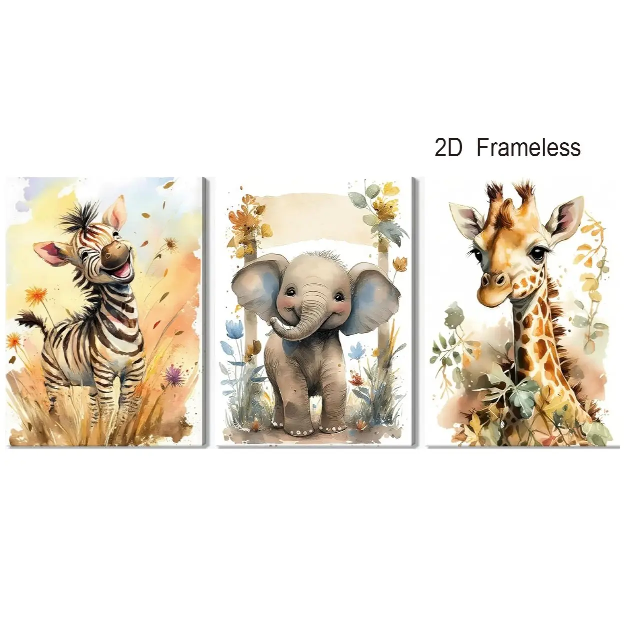 3-Piece Set / Forest Animal Wall Art, Wildlife Baby Room Art, Wall Decor Canvases, Cute Giraffe, Elephant, and Zebra Watercolor Poster Prints, Perfect for Decorating Boys' and Girls' Rooms, Frameless Wall Decor