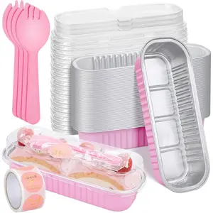 25Pack Pink Mini Cake Pans with Lids Mini Loaf Pans and Spoons and Stickers, 6.8Oz Aluminum Foil Pans Tins, Individual Dessert Cups Containers for Sales, Party, Picnics