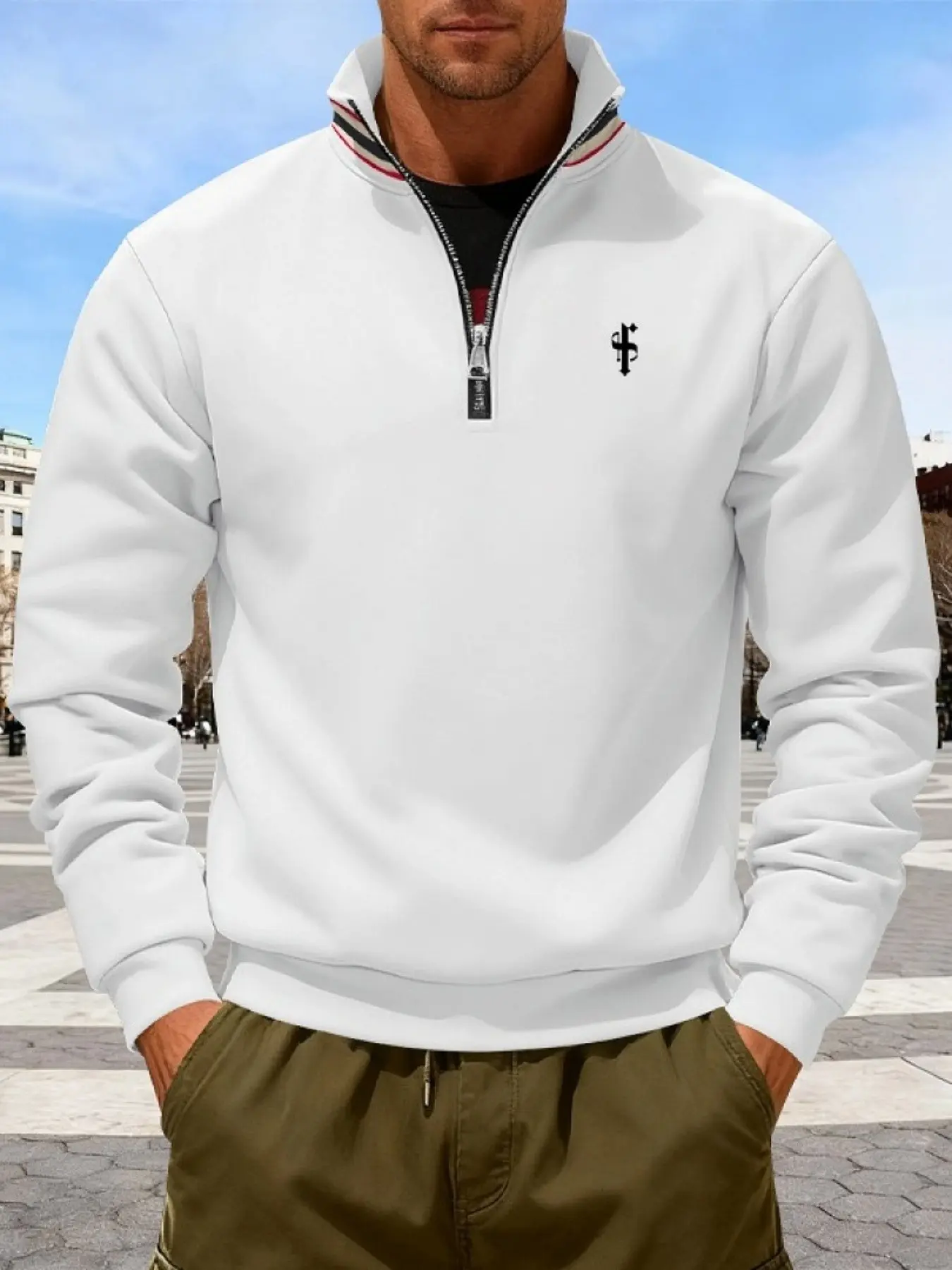 Men's Winter Fleece Lined Loose Fit Casual Outdoor Warm Half-Zip Chain Pattern Stand Collar Sports Sweatshirt