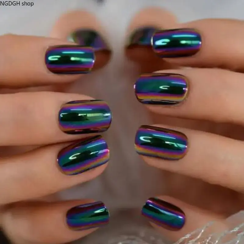 Holographic Chrome Rainbow Press On Nails, Glitter Aurora Short Square Glue On Nail Kit, Festival Glam Daily Manicure for Women