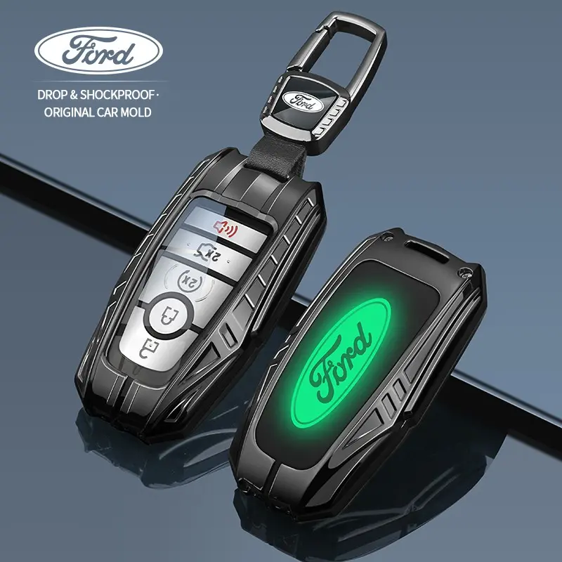 Car remote key case suitable for Ford Edge, Fusion, Mustang, Explorer, F150, F250, F350, Ecosport. Key protector case in matte black alloy, rugged sporty style, precise molding, snug fit, does not block signal, keychain included.