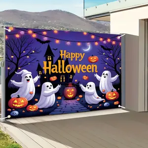 Happy Halloween Haunted House Backdrop, Bats & Ghosts Party Banner, Spooky Season Wall Decor, Trick or Treat Background