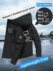 Women's Hooded Windbreaker Jacket Double sided Bla Bla Stick Figure Speech Bubble Print Jacket Two Color Options Hooded Loose All Season Warm Jacket Ideal for Daily Commute Hiking Climbing Wear Skin Friendly Breathable Machine Washable Plussize