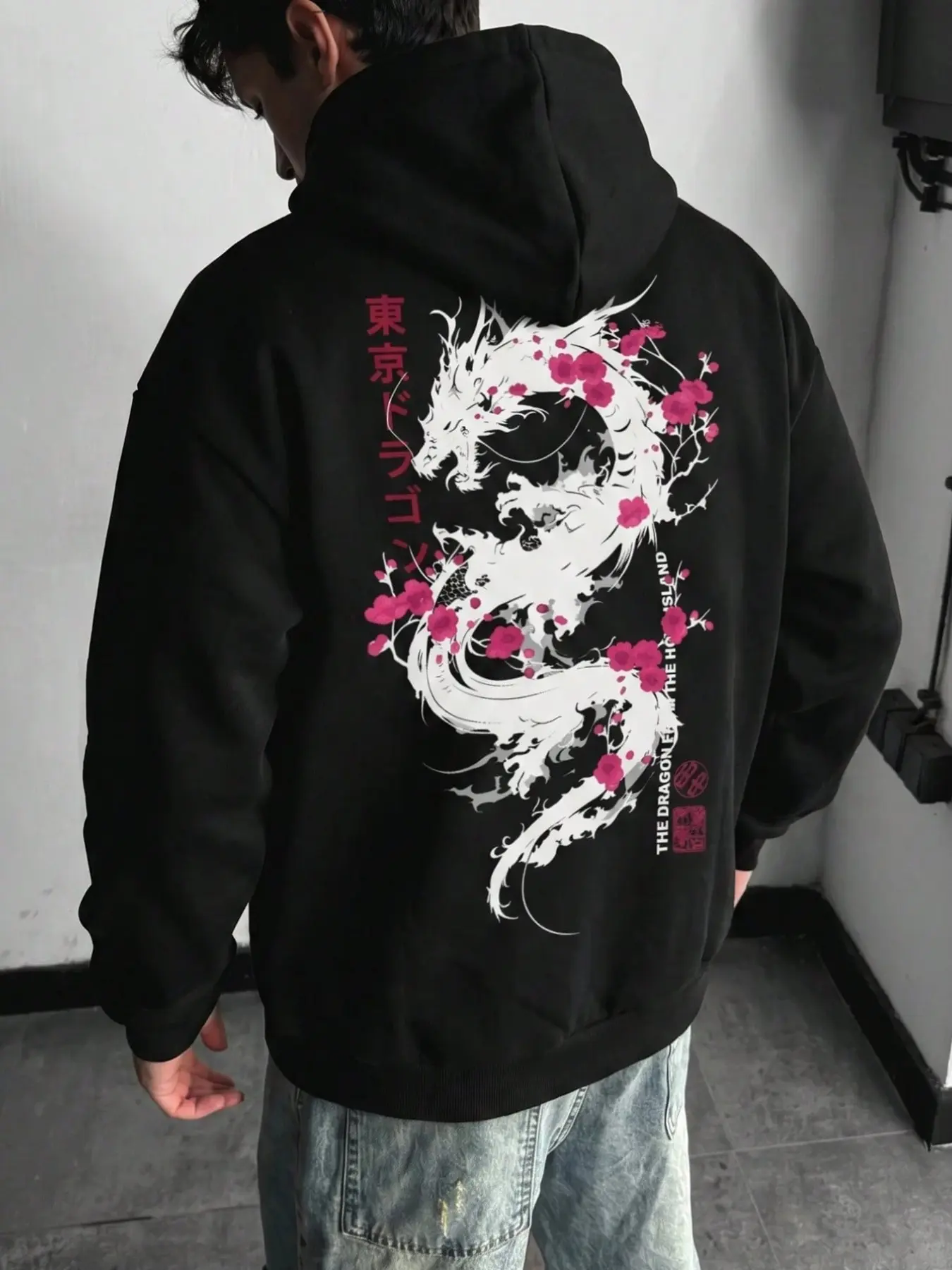 Y2K Asian Streetwear Pullover Hoodie For Men, Oriental White Dragon Cherry Blossom Back Graphic Sweatshirt, Japanese Kanji Tokyo Dragon Print Oversized Black Hoodie, Soft Loose Street Sweatshirt For Hip Hop Daily Casual Outfit, Printed Hoodies