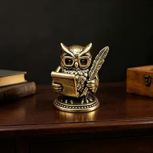 Vintage Brass Owl Figurine, Reading Glasses and Quill Design, Creative Desk Decor for Study Room, Wisdom Scholar Symbol, Office Ornament