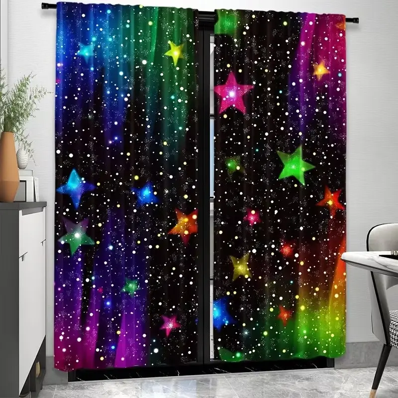 2 Piece Polyester 2D Starry Sky Curtains, Colorful Star Pattern Rod Pocket Drapes, Bedroom and Living Room Decor, Stylish Home Accessories
