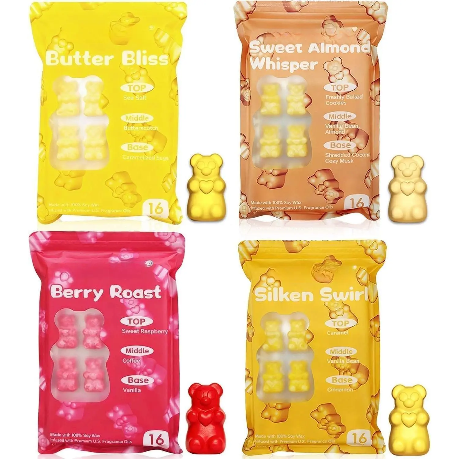 Wax Melts Variety Pack - 64  Shaped Soy Wax Tarts with  Essential Oils - Includes Silken Swirl, Sweet Almond , Berry Roast, Butter