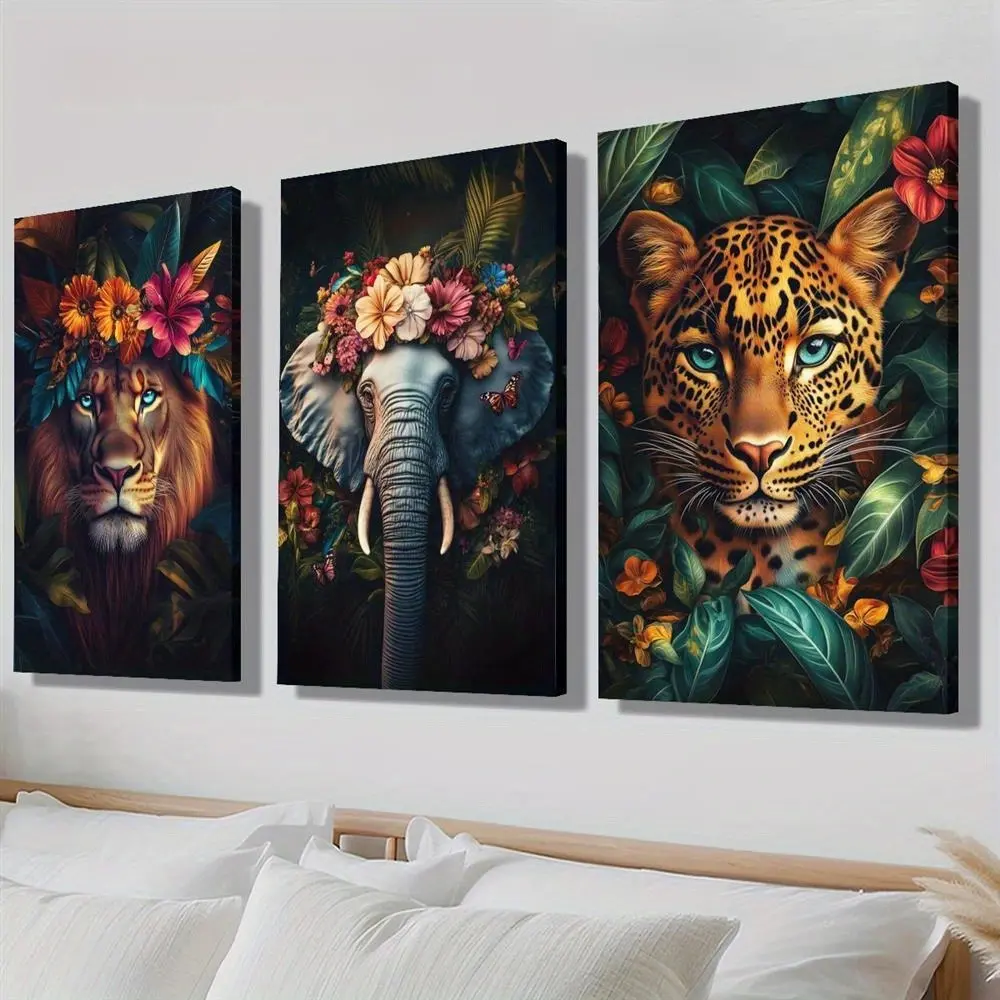 3 pieces, 2D canvas artwork, featuring jungle plants and animals including lions, elephants, and leopards.It is a perfect wildlife portrait painting, ideal for decorating your home walls