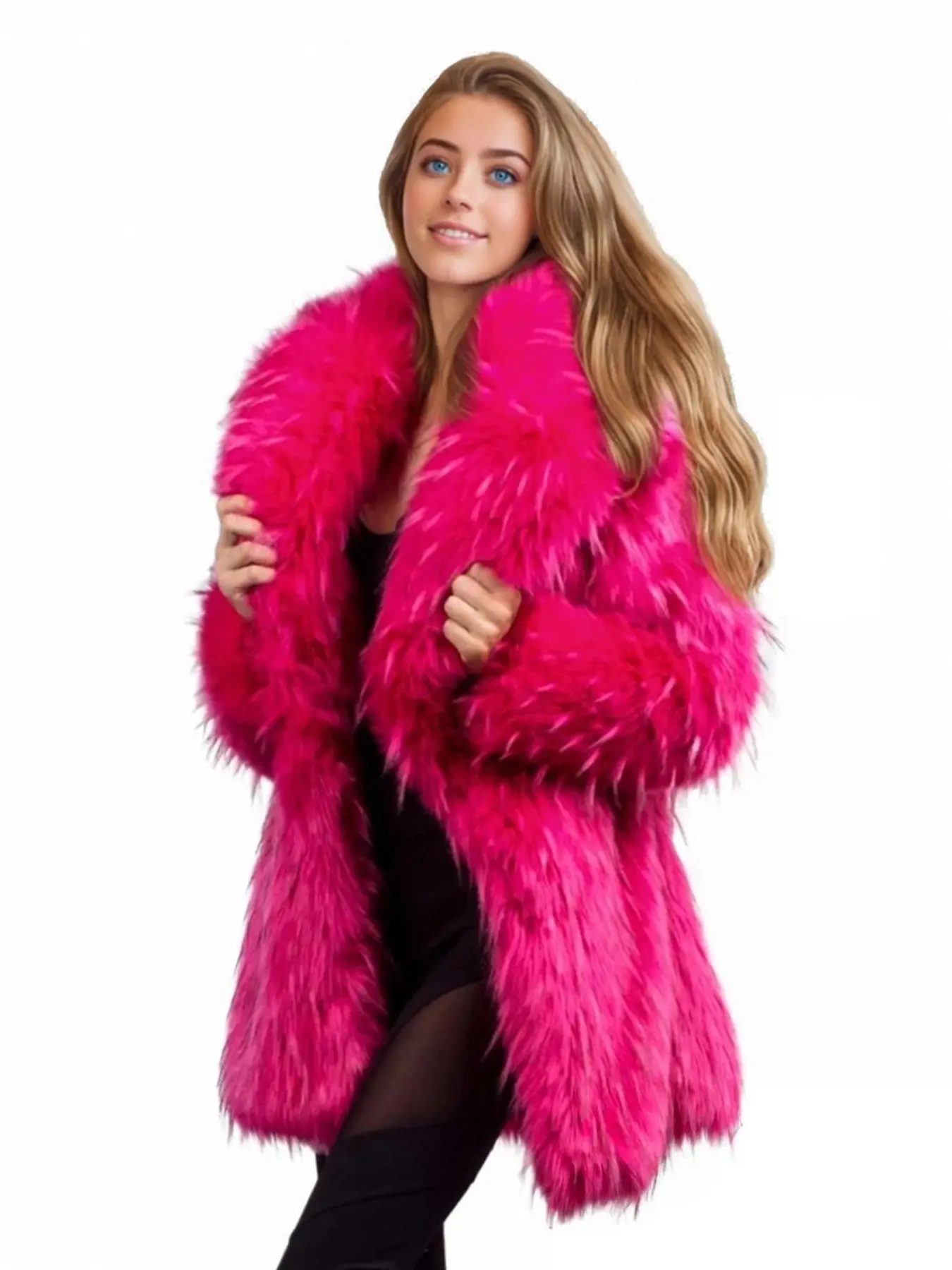 Women's Mid-Length Feather-Like Faux-Fur Overcoat, Lapel V-Neck With Flowing Fluffy Fringe Detail, Trendy Fall-Winter Outerwear, Stand-Out Garment for Street Style & Night Party Gatherings