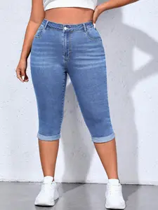 Women's Plus Size High Waist Stretch Denim Jean Capri Pants, Classic Fit, Versatile Style, Sweet & Salty Design, Fashionable and Trendy
