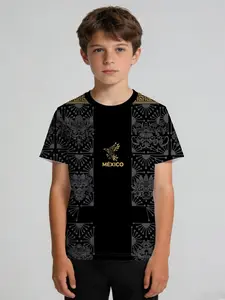 Boys' Sports T-shirt "Black & Gold Aztec Totem Print" Black Crew Neck Short Sleeve, Soft, Sweat-Absorbent & Non-deformable, Ideal for PE, Soccer, Outdoor & Mexico-Themed Parties, Machine Washable, Summer Casual Gift for Kids