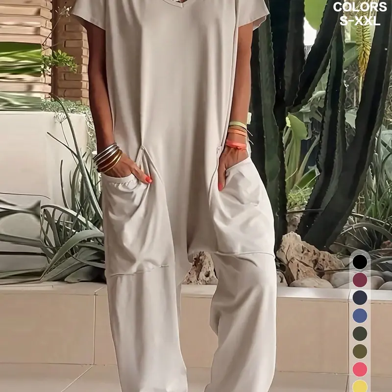 Women's Solid Color V-Neck Oversized Baggy, With Pockets, Low Waist, Minimalist Casual Home Wear, Comfortable One-Piece Pants, Perfect for Daily Use, Casual Comfy Jumpsuit