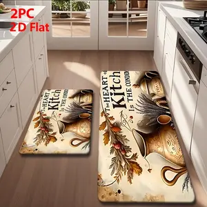 2/3 Piece Flannel Kitchen Mat Set, Retro Copper Kettle Design, Non-Slip, Absorbent, Ideal for Kitchen, Dining, Hallway, Laundry Room