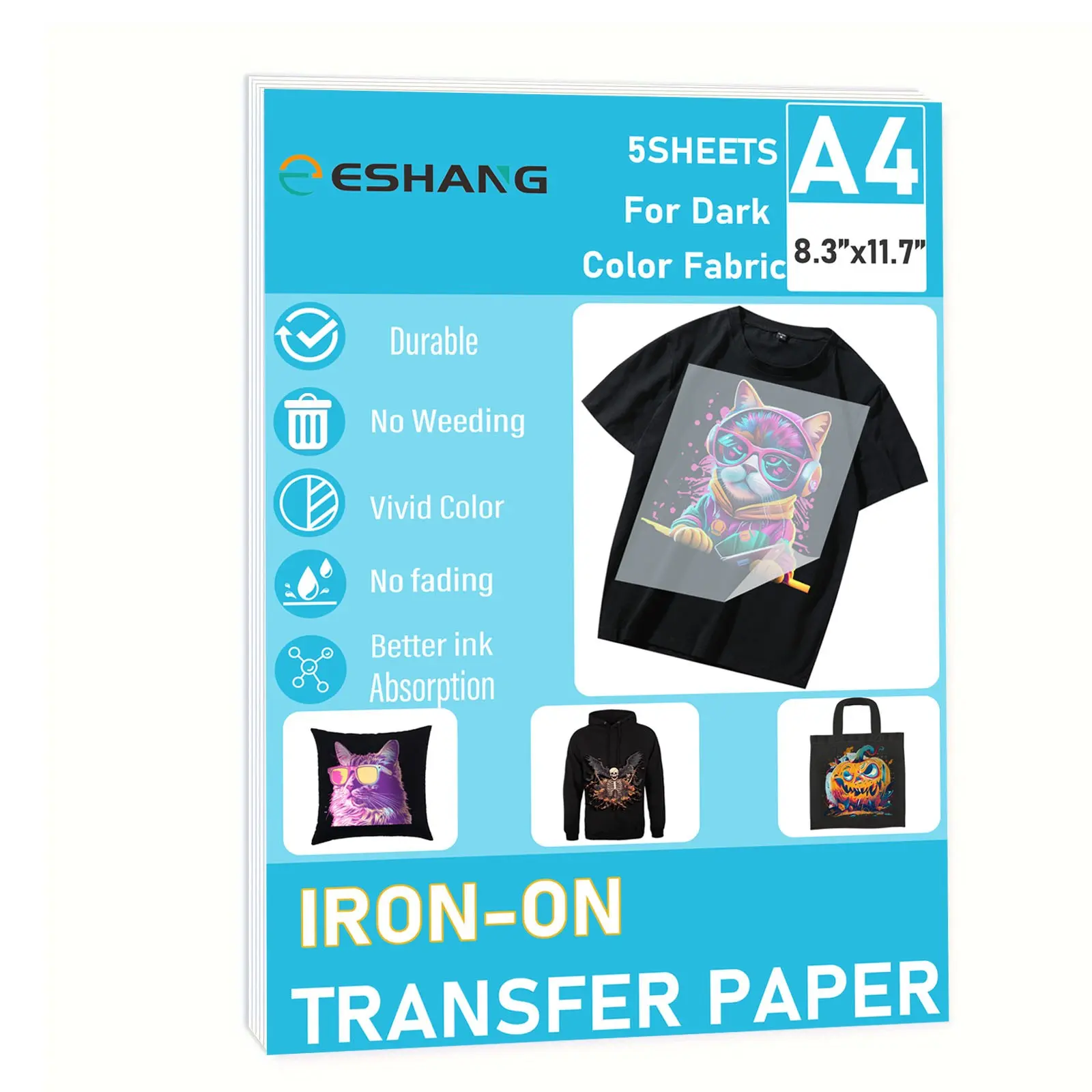 A4 Size Iron on Heat Transfer Paper for T-Shirts, 5 Sheets, 8.3x11.7", Dark Fabric Printable, Inkjet Printer Compatible