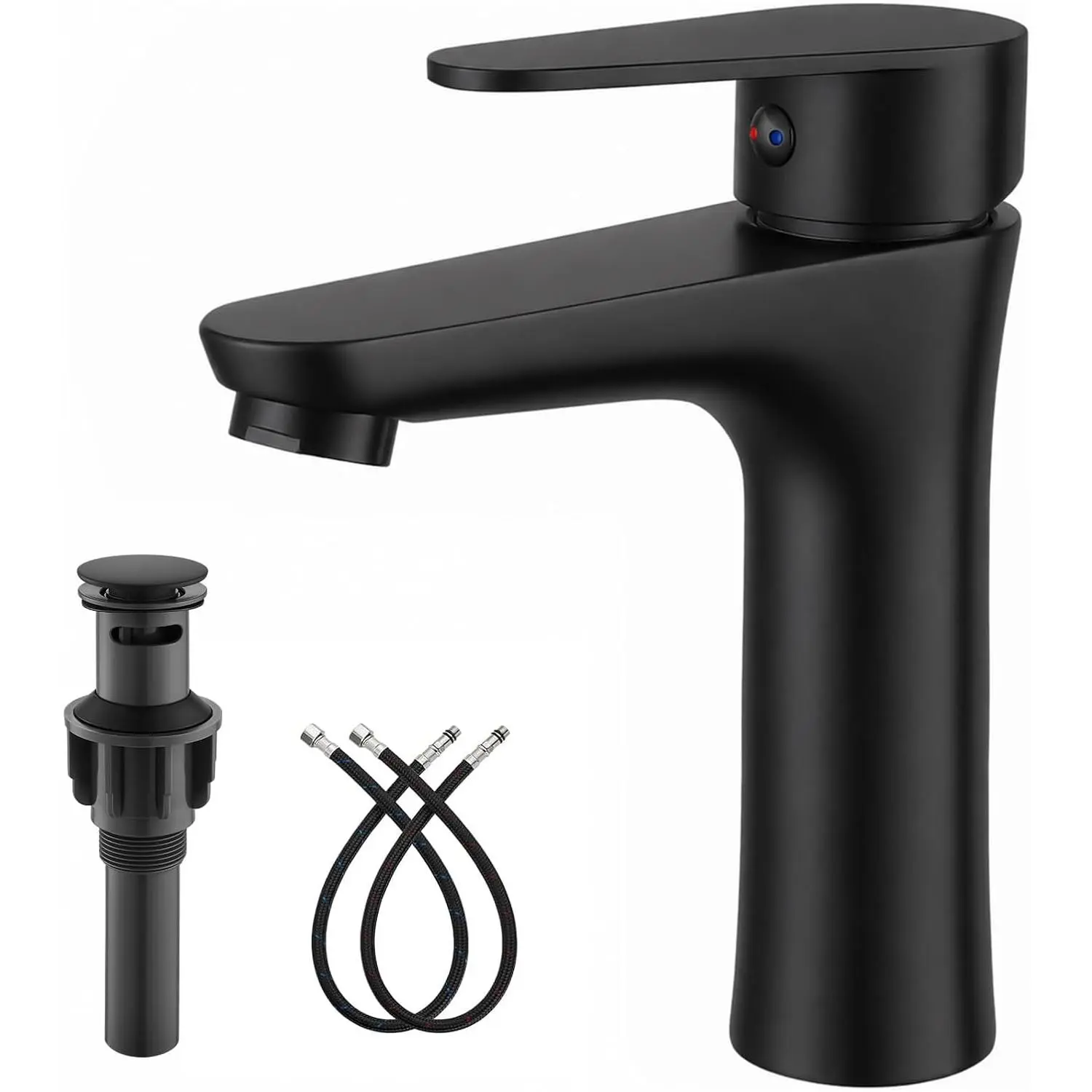 Bathroom Sink Faucet with Pop-Up Drain, Matte Black | SUS304 stainless steel, hot and cold water hoses, single-hole installation, ideal for RV, laundry room and bar sinks