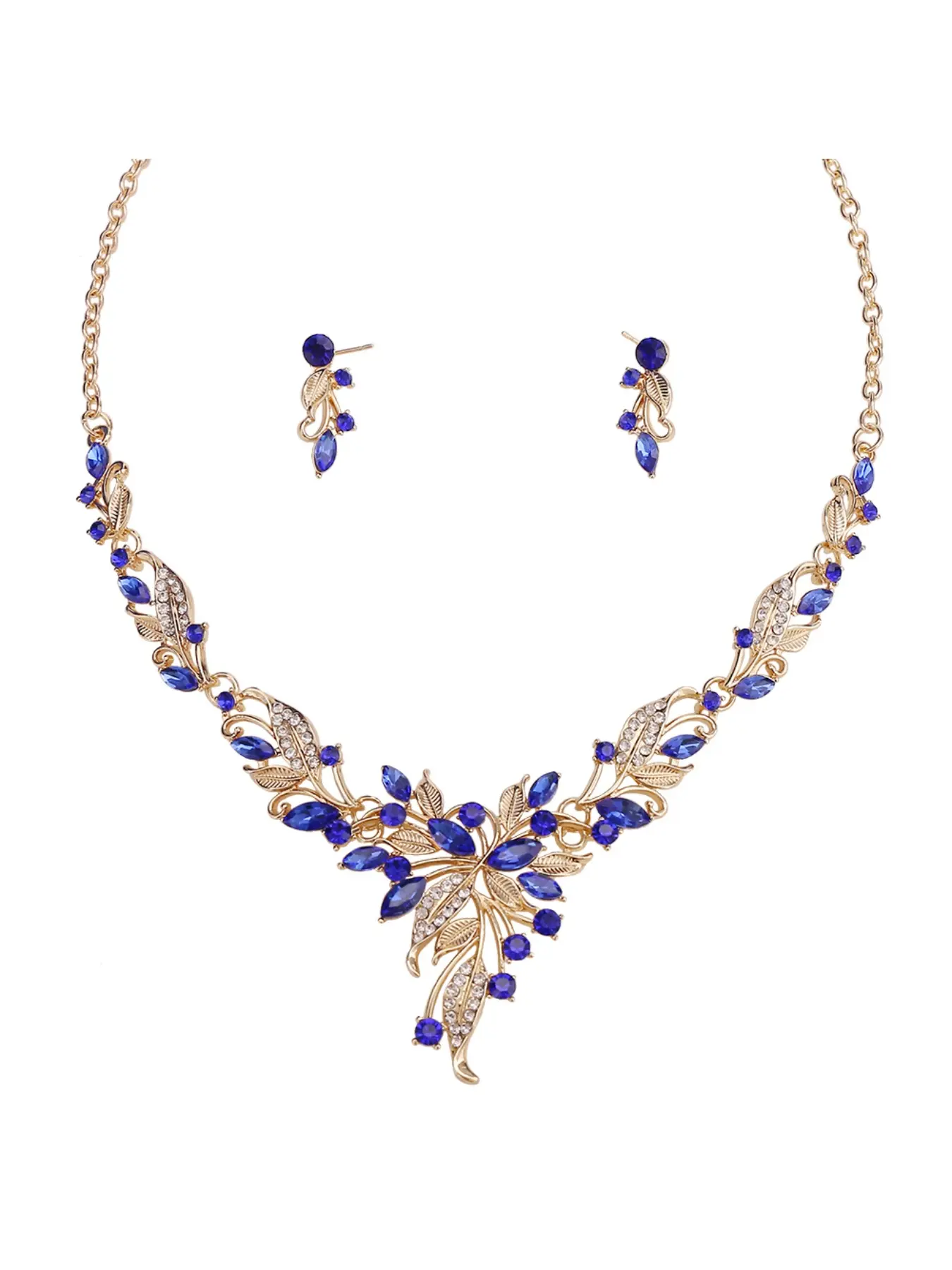 Korean-style bridal jewelry set: collarbone necklace and earrings, bridal leaf-shaped diamond-encrusted necklace, wedding dress accessories