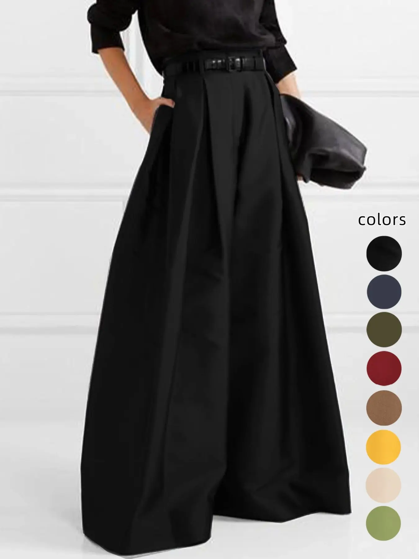 Women's Solid Plicated High Waist Wide Leg Pants, Casual Comfy Pocket Trousers for Daily Wear, Ladies Bottoms for All Seasons