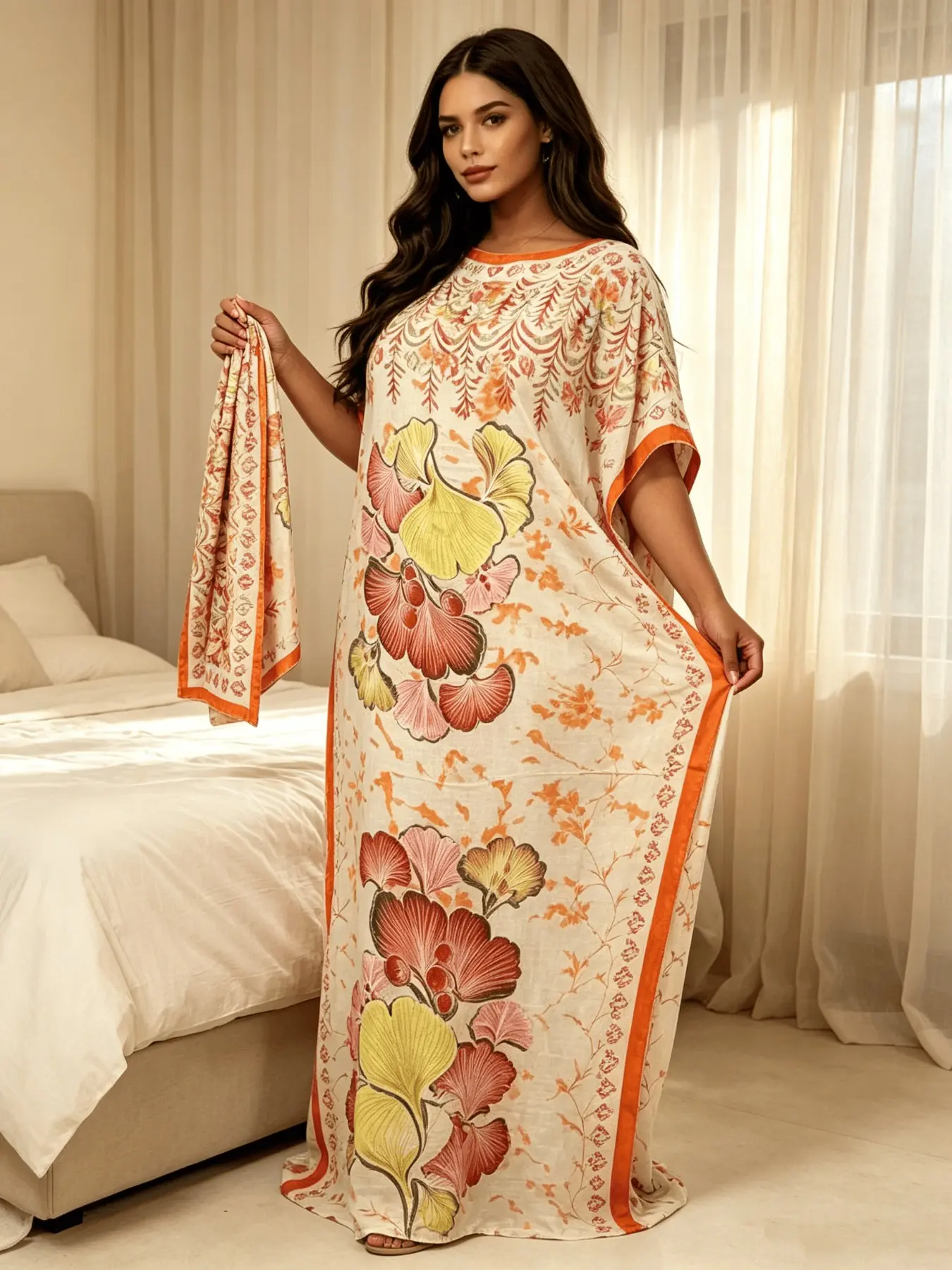 Plus Size Luxury Hot Fix Rhinestone Border Warm Tone Floral Print Kaftan Two Piece Set, Oversized Flowy Split Maxi Dress, Boho Chic Dress, Soft Light Glam Resort Wear Pool Gala Evening Party Outfit With Matching Printed Scarf For Women