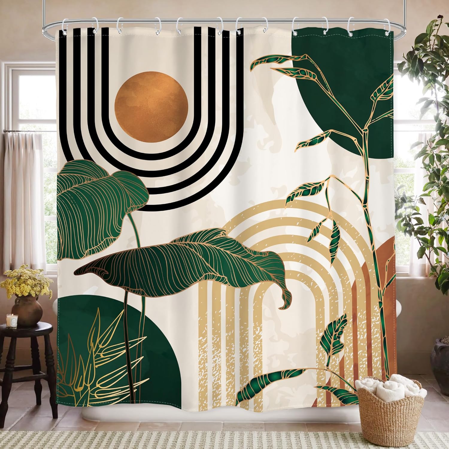Glawry Green Boho Shower Curtain 72Wx72L Inches, Abstract Retro Mid Century Shower Curtains for Bathroom Decor,Minimalist Tropical Modern Shower Curtain Set Home Decor 12 Pack Hooks