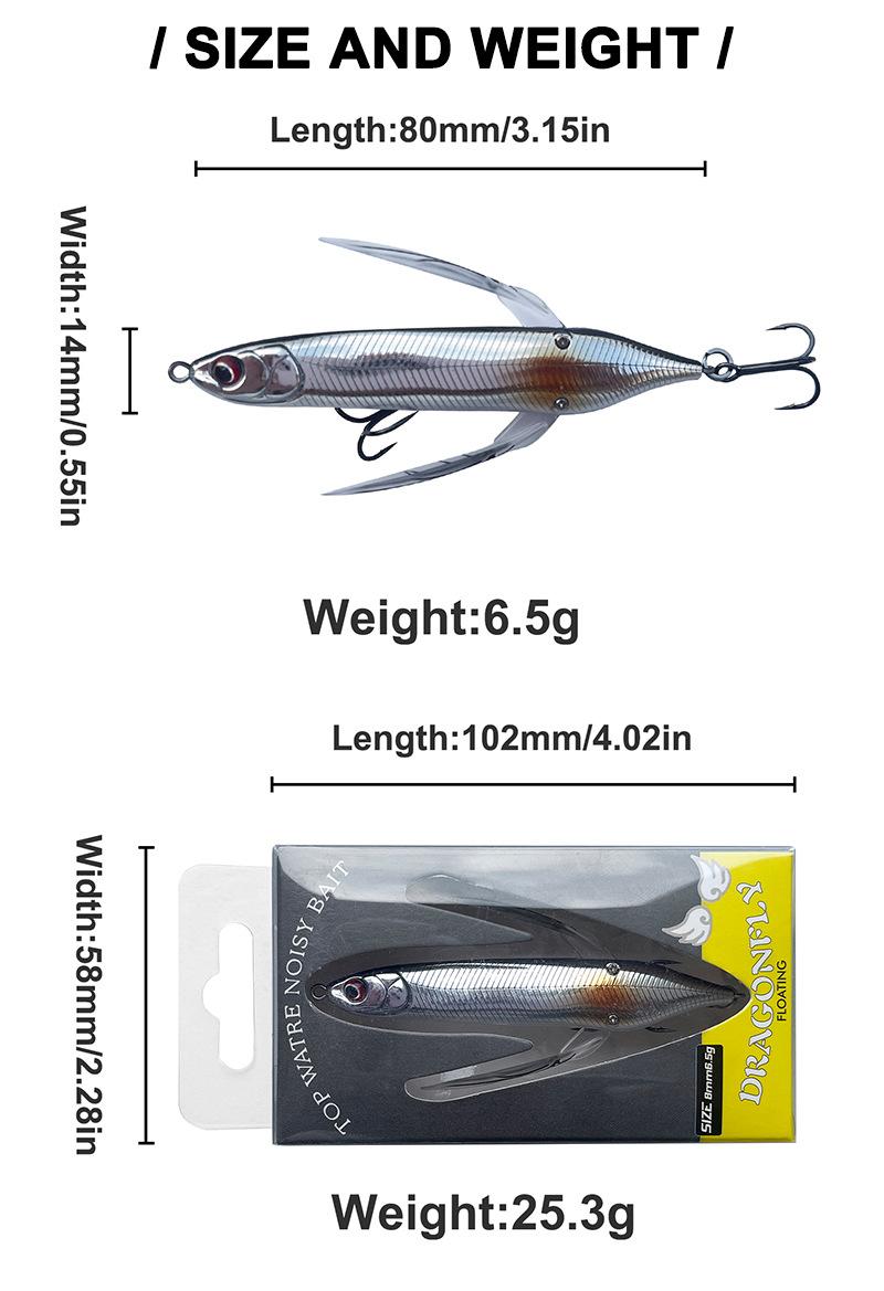 Topwater Dragonfly Fishing Lure Floating Whopper Plopper Style Bait Realistic Insect Artificial Lure Sharp Hooks for Freshwater Bass Snakehead Pike Perch Outdoor Angling Fishing Tackle