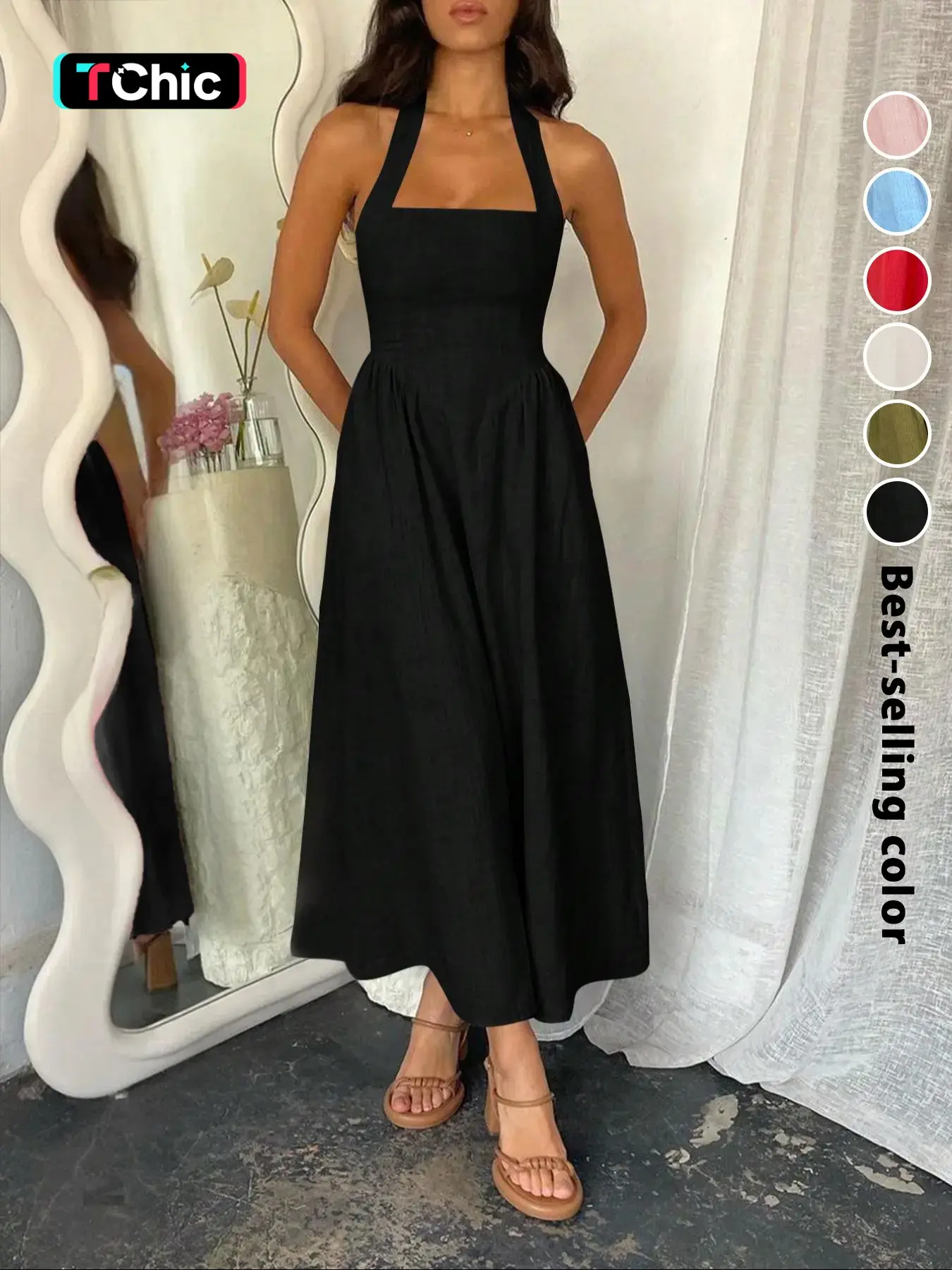 Women's Plain Pocket Zipper Back Dress, Casual Sleeveless Halter Neck A Line Dress for Summer, Ladies Clothes for Holiday, Brunch Dresses, Beachy Style Dress