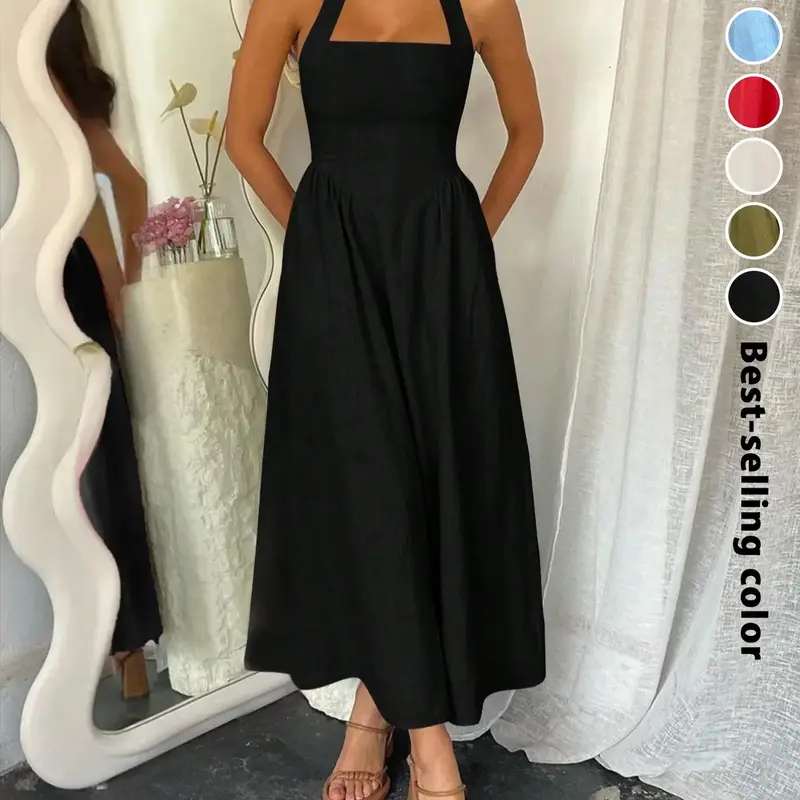 Women's Plain Pocket Zipper Back Dress, Casual Sleeveless Halter Neck A Line Dress for Summer, Ladies Clothes for Holiday, Brunch Dresses, Beachy Style Dress