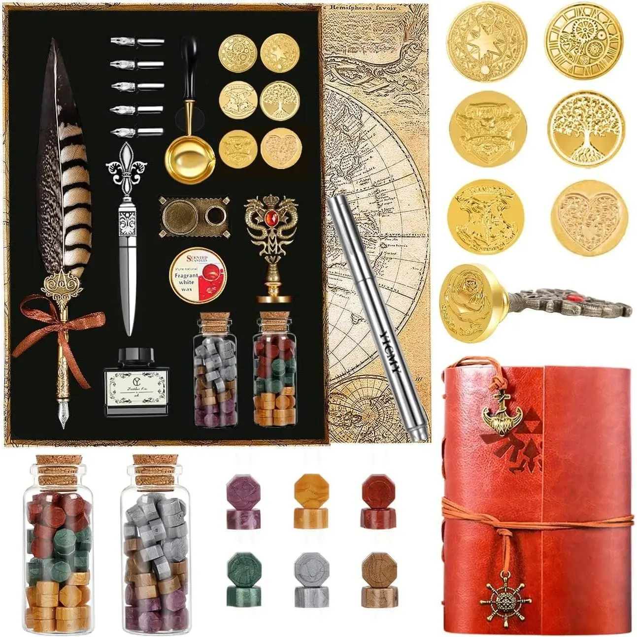 Pen Pheasant Quill Pen and Ink Set,Caligraphy Kits for Beginners,  Pen and Ink Set With Leather Journal Notebook,Wax Seal Kit,7 Wax Seal  Heads,Calligraphy Pens for