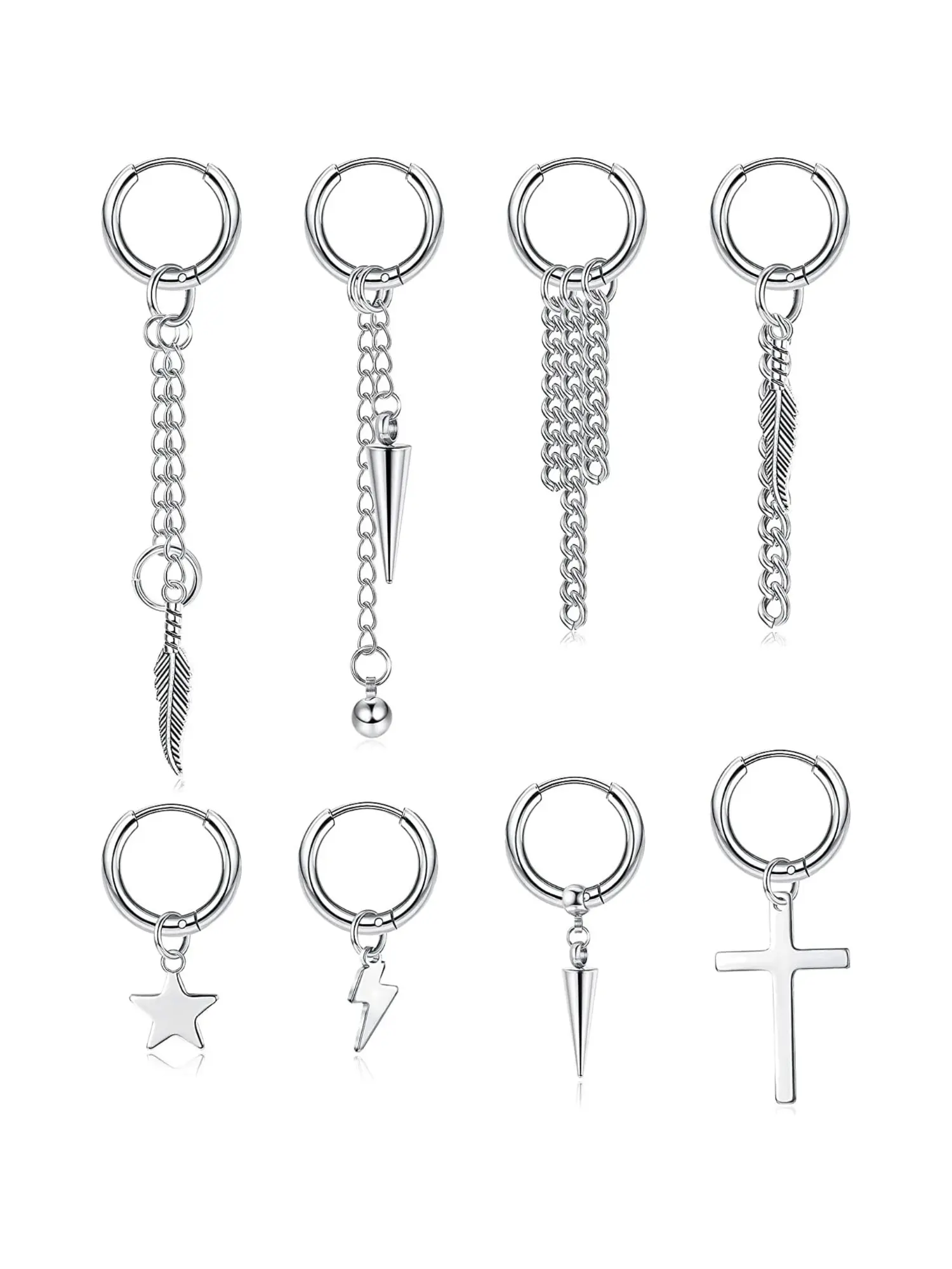 8 Pcs Cool Gothic Punk Multi-layer Ear Stack Ornament for Men Women Daily Street Fashion Polished Silvery Dangle Chain Click Hoop Cartilage Stainless Steel Piercing Earrings Long Tassel Drop Pendants for Casual Daily Outfits Hip Hop Street Style
