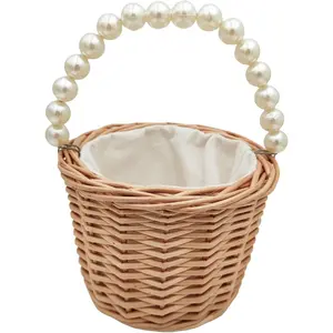 Woven Wicker Rattan Wedding Flower Girl Basket with Pearl Handles, Portable Storage Basket for Eggs Candy, Ideal for Wedding Home Garden Decor (A)
