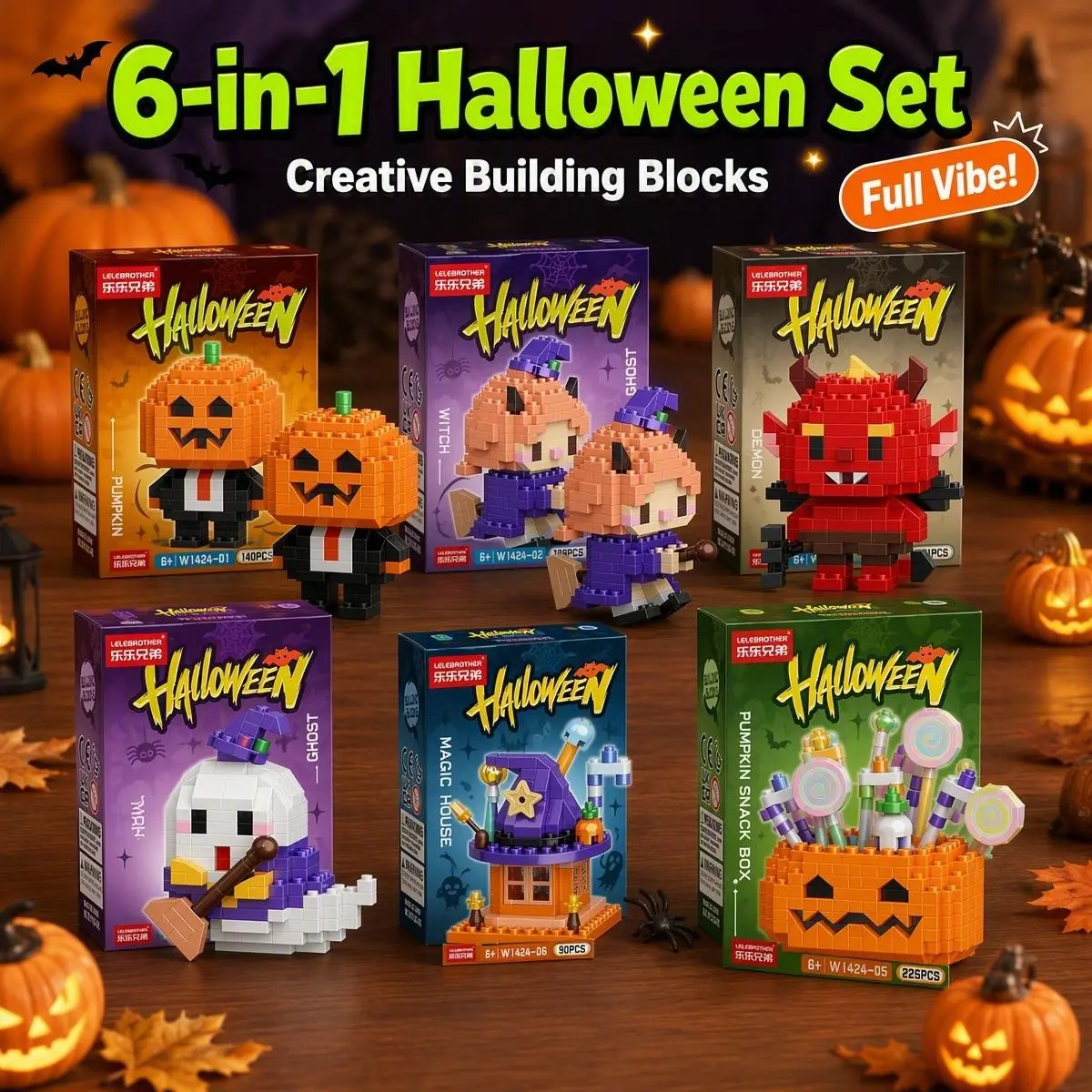 Halloween Theme Mini Building Blocks Toy, Pumpkin Witch Devil Ghost Magic House, Party Decoration Gift, Kids Holiday Craft Kit, 6-Piece Set