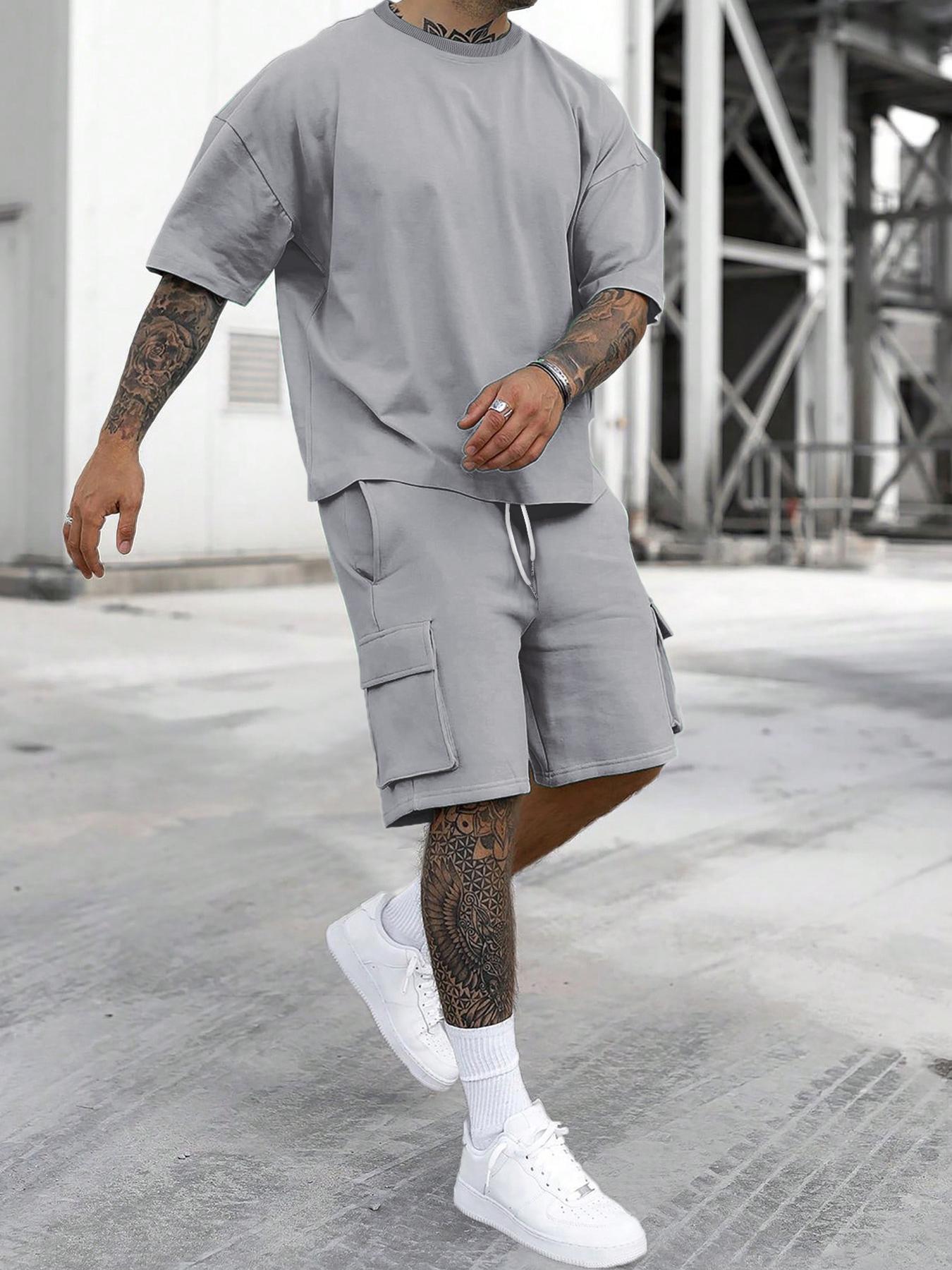 Men's Solid Color Tee & Drawstring Waist Shorts Loungewear Two-piece Set, Regular Fit Breathable Menswear and Soft Casual Comfy Round Neck Short Sleeve T-shirt & Pocket Shorts Pj Set, Men's Sleepwear for Summer