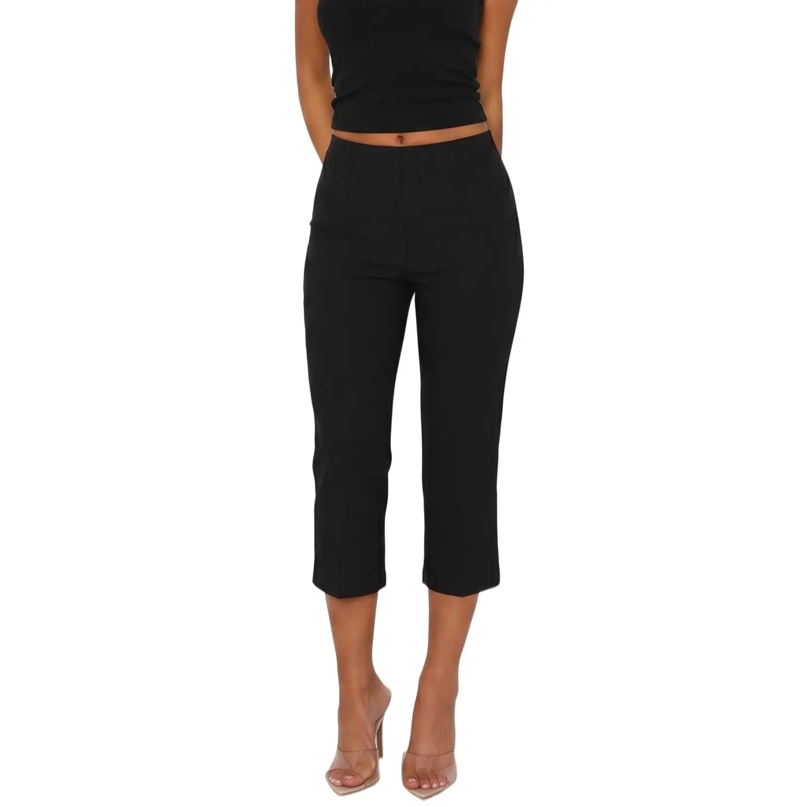 Women's Fitted Bell Bottom Capri Pants - Elegant Solid Color, Elastic Waist, Simple Cut, Polyester Fabric, Standard Sizes, Casual Wear