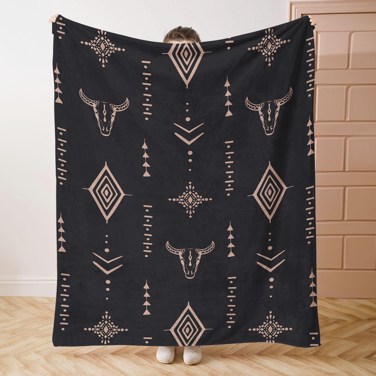 JOOCAR Soft Digital Print Polyester Knitted Retro Western Style Flannel Throw Blanket - Mid Century Design with Bull & Geometric Patterns for Bed, Sofa, Office, Camping - All Seasons