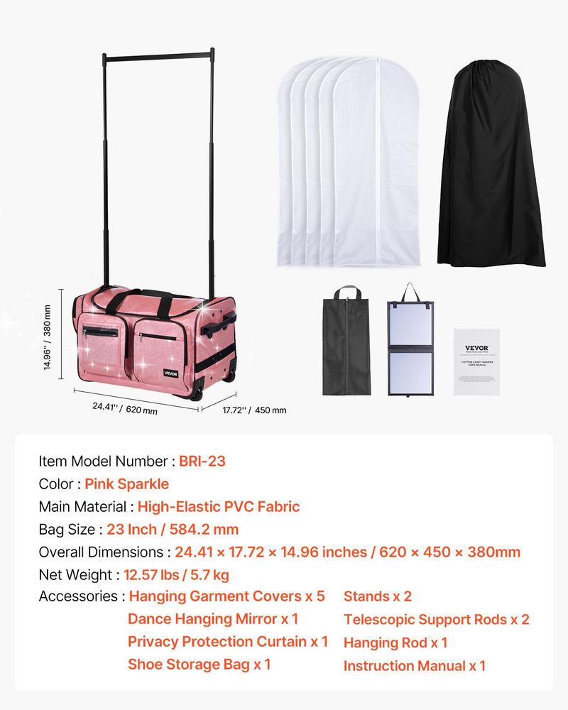 VEVOR Dance Bag with Garment Rack, 23 Inch Rolling Dance Duffel, with Wheels, USB Port, Height Adjustable Clothes Rack, Privacy Protection Curtain, Ideal for Travel and Competitions, Sparkling Pink VEVOR Dance Bag with Garment Rack, 23 Inch Rolling Dance Duffel, with Wheels, USB Port, Height Adjustable Clothes Rack, Privacy Protection Curtain, Ideal for Travel and Competitions, Sparkling Pink