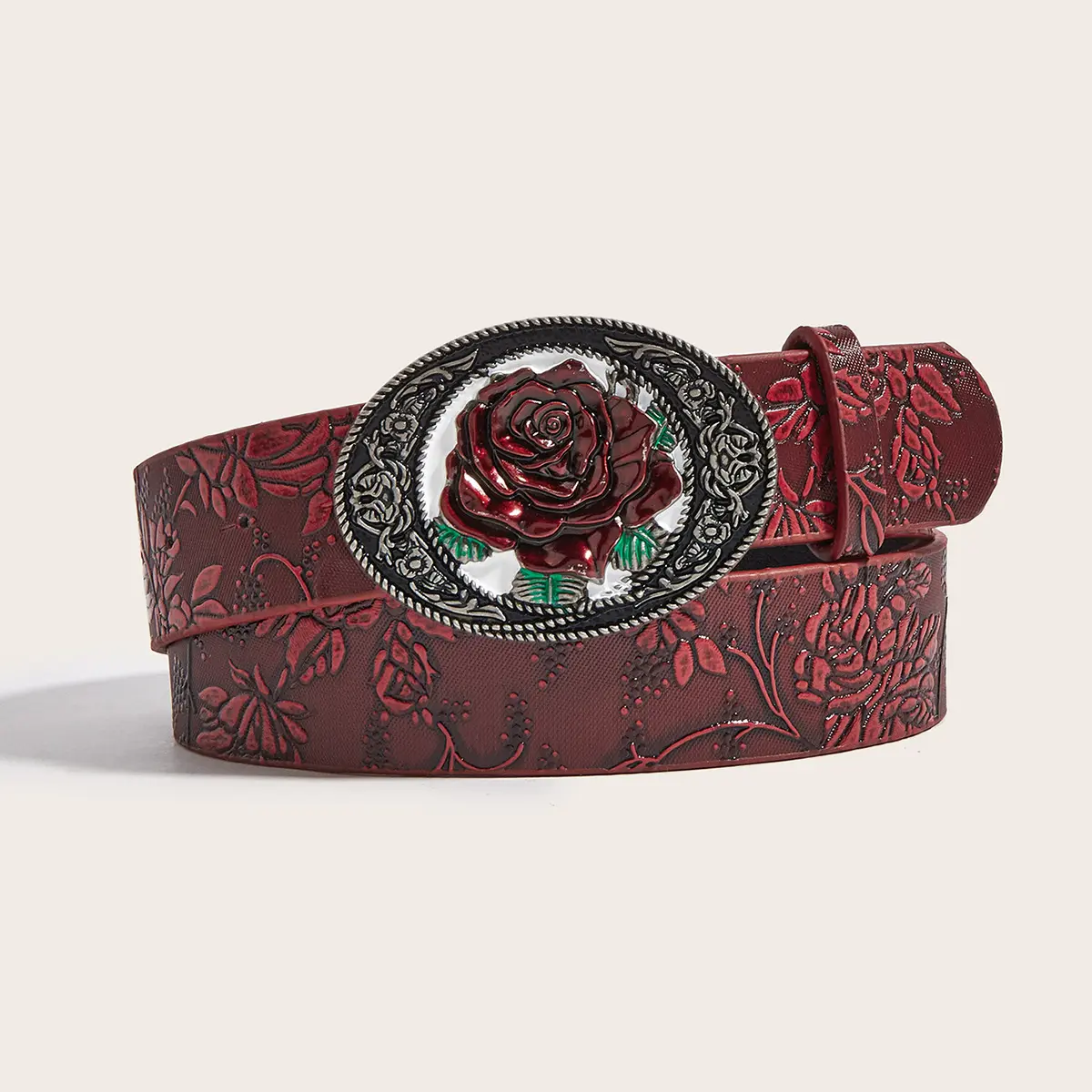 Women’s Western Vintage Red Rose Embossed PU Leather Belt, 3D Rose Floral Oval Buckle, Y2K Cowgirl Waist Belt for Jeans & Country Outfits