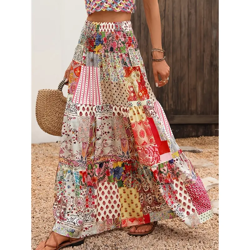 Spring/Summer Floral Print Casual Bohemian Ruffle Hem Patchwork High-Waist Elegant Vacation Dress, Suitable for Independence Day, Graduation, Dating, Beach, Festivals, Honeymoon, Music Festivals campingessentials