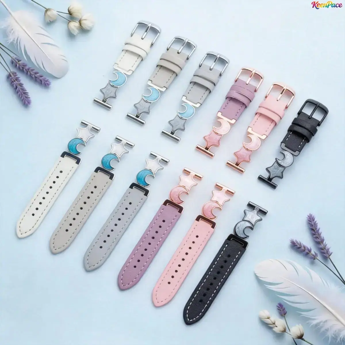 Moon And Star Spliced Leather Band, Elegant Soft Replacement Wrist Strap Compatible With Apple Watch Series 9, 10 & 11, Delicate Versatile Wearable Accessory Ideal For Daily Casual Outings And Romantic Date Styling (Watch Strap Only, Smartwatch Not Includ