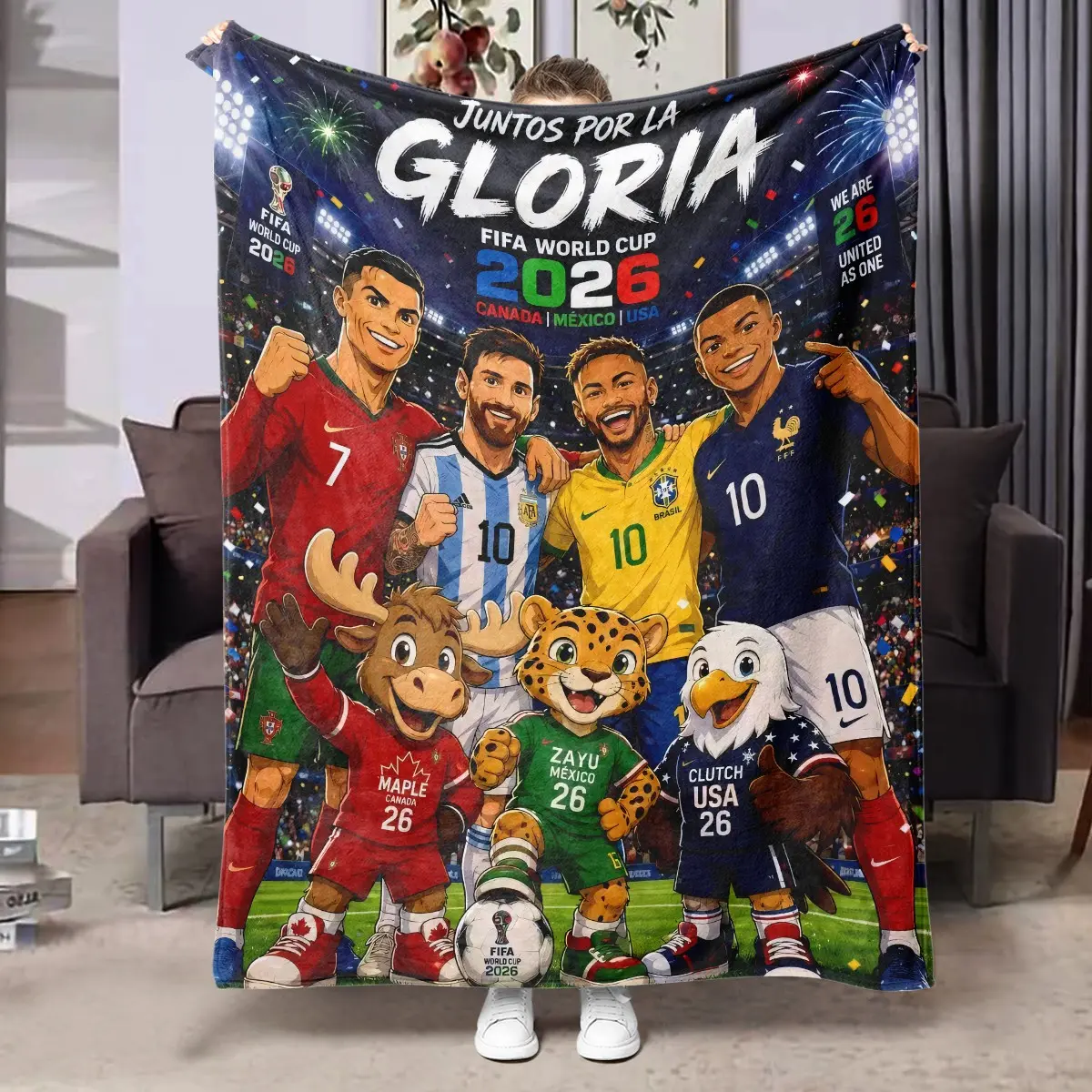 1pc 2026 FIFA World Cup Cartoon Fleece Blanket, Stadium Fireworks Background Ronaldo Messi Neymar Mbappe National Mascot Print. Soft Warm Throw for Sofa, Bed, Office, Leisure Space, Camping Trip, Ideal Christmas & Birthday Gift.