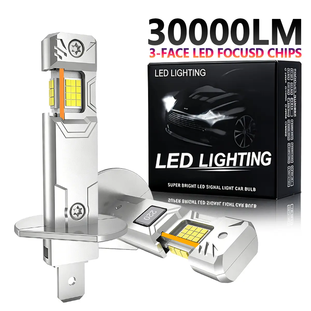2pcs H1 30000LM LED Light 180W Mini Head Lamp Size H1 3-Face LED Lamp Bead Car LED Headlight Bulbs Error Free with 6000K White