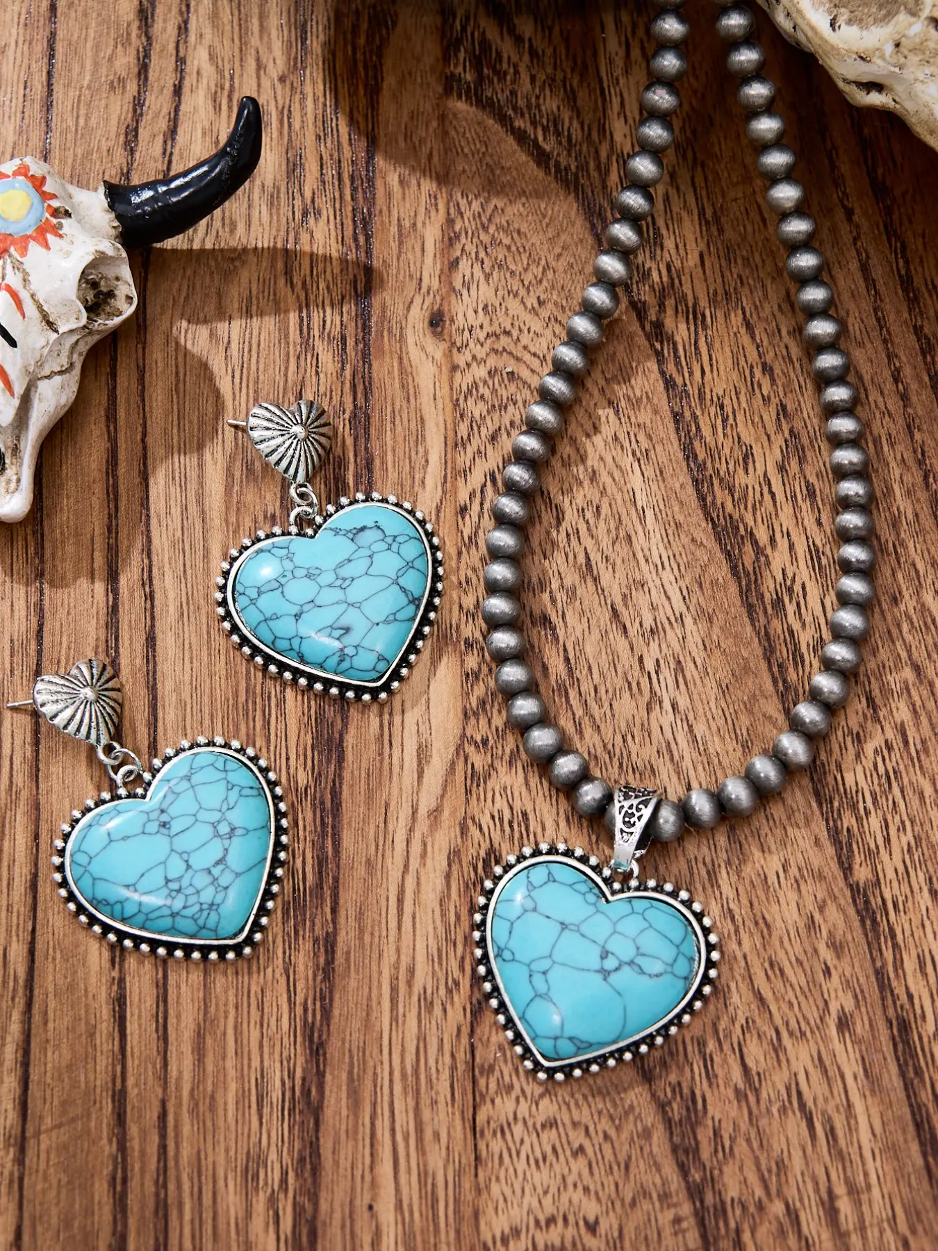 3-Piece Vintage Western Boho Necklace Set, Turquoise Heart Beaded Jewelry, Ethnic Style Fashionable Jewelry Accessories, Gift for Friends