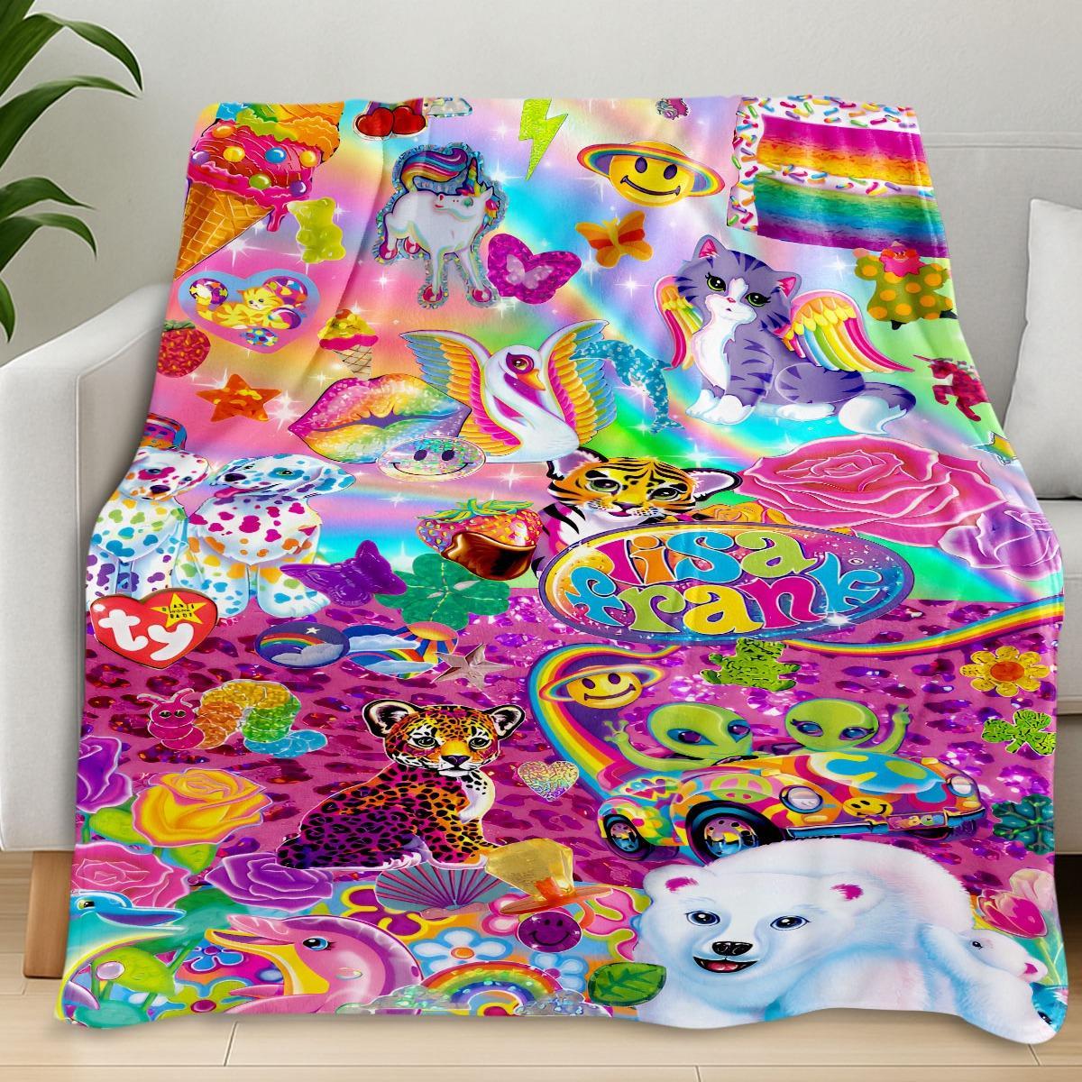 Lisa Frank Collage Themed Blanket, Vibrant & Playful Style, Features Colorful Characters, Soft and Warm, Perfect for Home Relaxation, Flannel Blankets