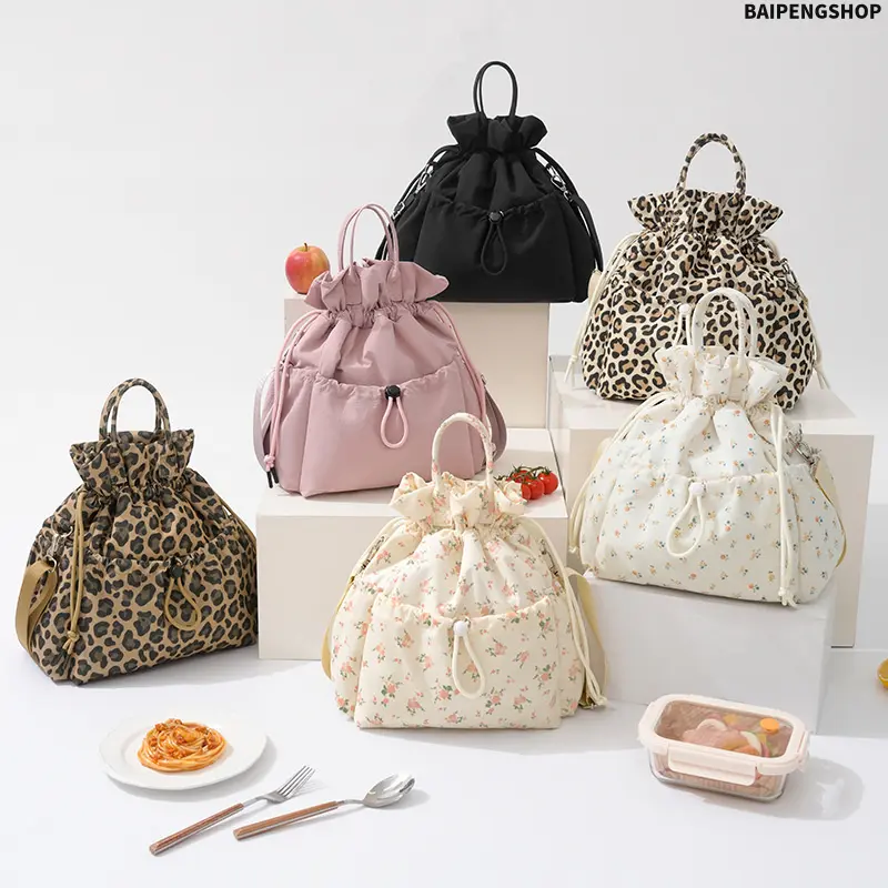 Women's 2026 Water-Resistant Drawstring Lunch Bag - Large Polyamide/Cord Cooler Bag with Multi-Pockets, Removable Adjustable Strap, Daily All-Season Casual Floral/Leopard Dual-Use Handbag Crossbody Organizer for Work, Picnic