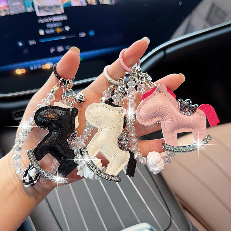 Viral Bling Leather Rocking Horse Keychain, Cute Rhinestone Pony Bag Charm, Luxury Car Key Ring Accessory for Women