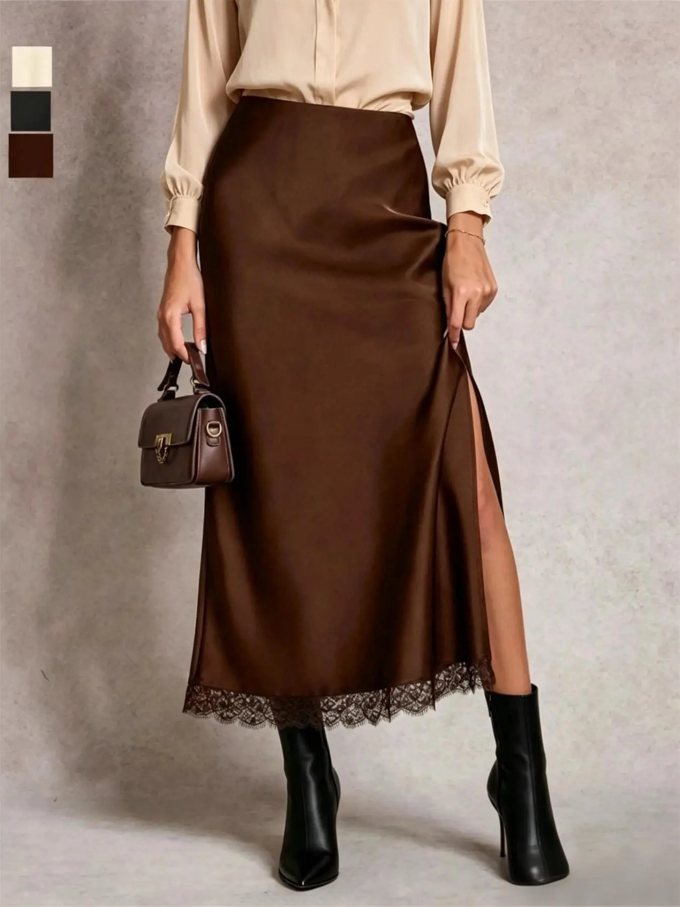 Luxury Fashion Street Style Commuter Outerwear Versatile Elegant Chic Lace Insert Satin Half Skirt, Lace Split High Waist Tight Fit Long Skirt