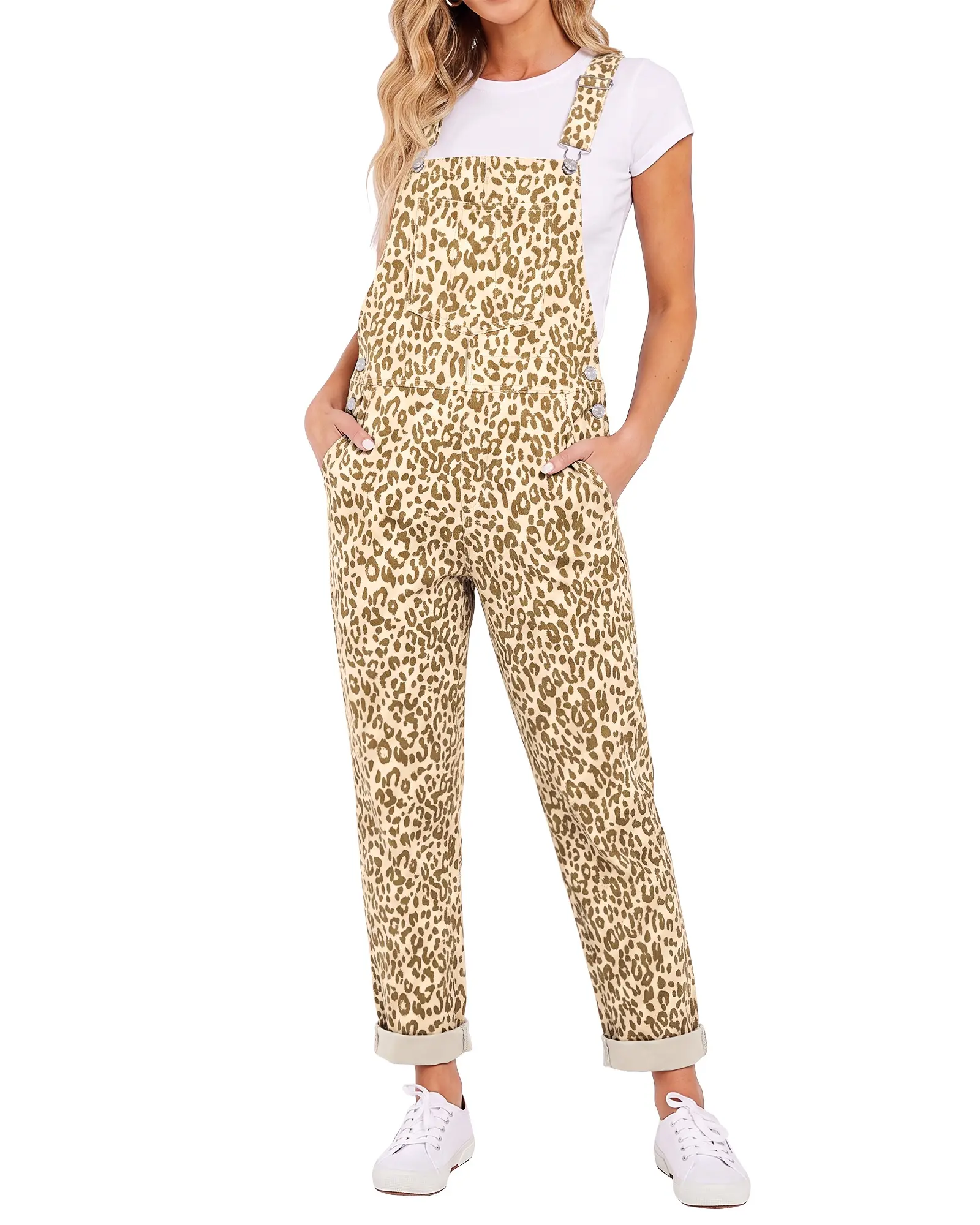 luvamia Leopard Denim Overalls Straight Leg Cheetah Jean Jumpsuit for Women | 29" Inseam, Trendy Leopard Print Bib Overalls, Stretchy Fabric, Relaxed Fit, Country Concert Jean Overalls Look