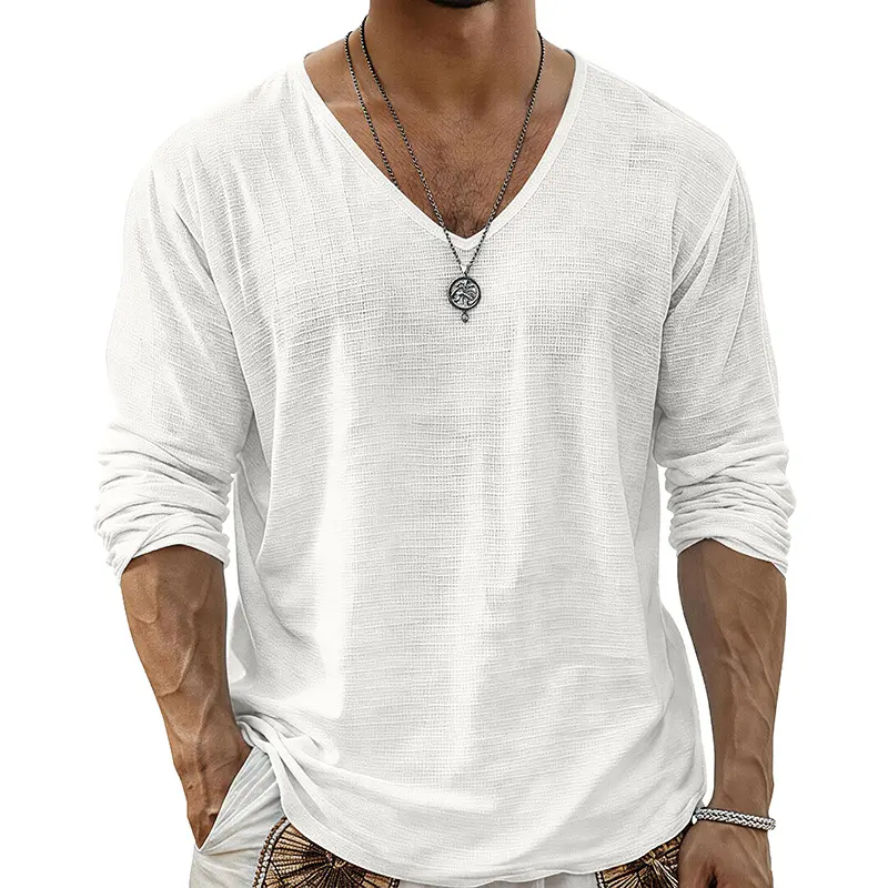 2026 Men's Long-Sleeve V-Neck T-Shirt – Breathable, Loose-Fit Cotton-Linen Solid Color Base Layer (US Style)