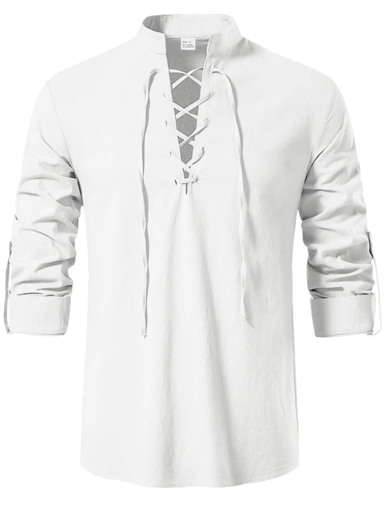Men's Linen Long Sleeve Henley Shirt, Stand Collar Lace Up Front V Neck Design, Loose Lightweight Boho Casual Tunic Top For Beach Vacation Walking Daily Bohemian Casual Wear