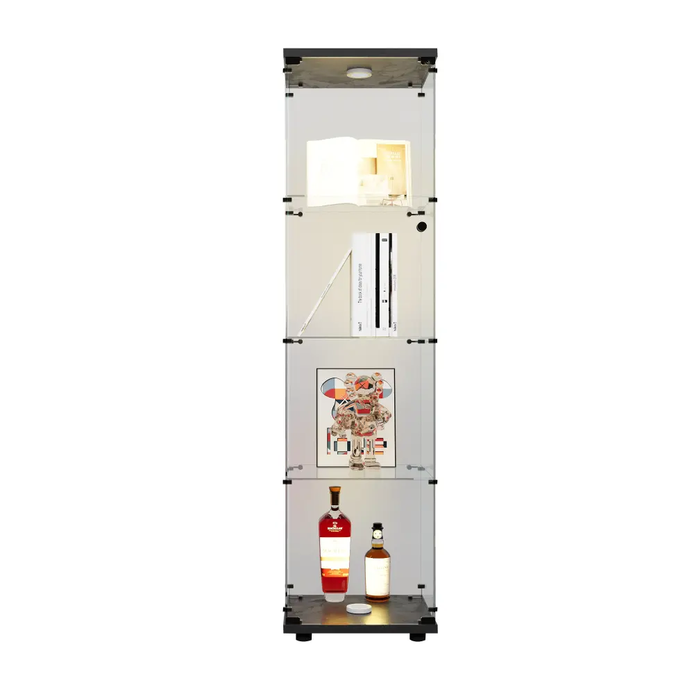Littleox LED lights  Glass Display Cabinet 4 Shelves with Door, Floor Standing Curio Bookshelf for Living Room Bedroom Office, 64.7"*16.7"*14.3", Black